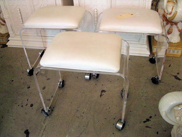 3 Vintage Lucite Stools / Benches on casters