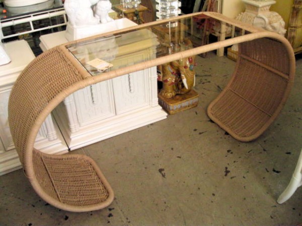 Vintage Florida Scrolled Wicker Console / Desk