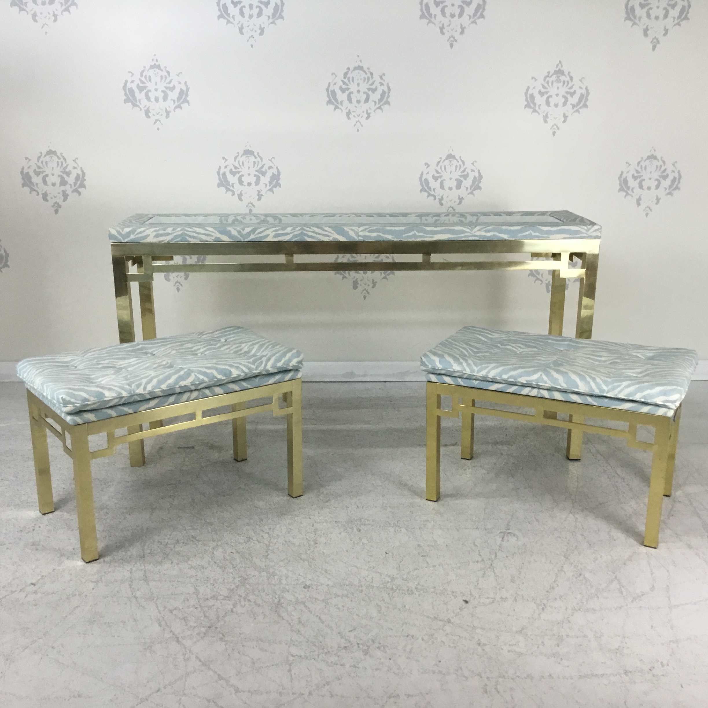 Hollywood Regency Style Brass Console W Stools Circa Who Prev