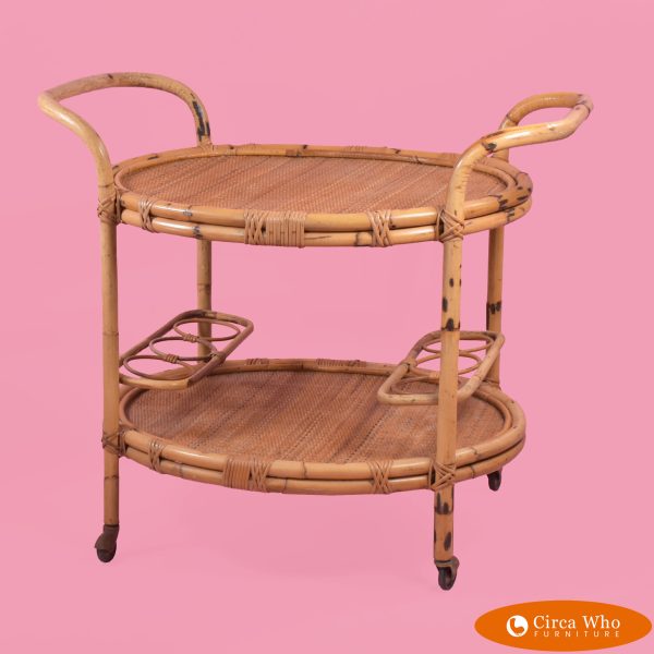 Bamboo and Wrapped Rattan Oval Bar Cart