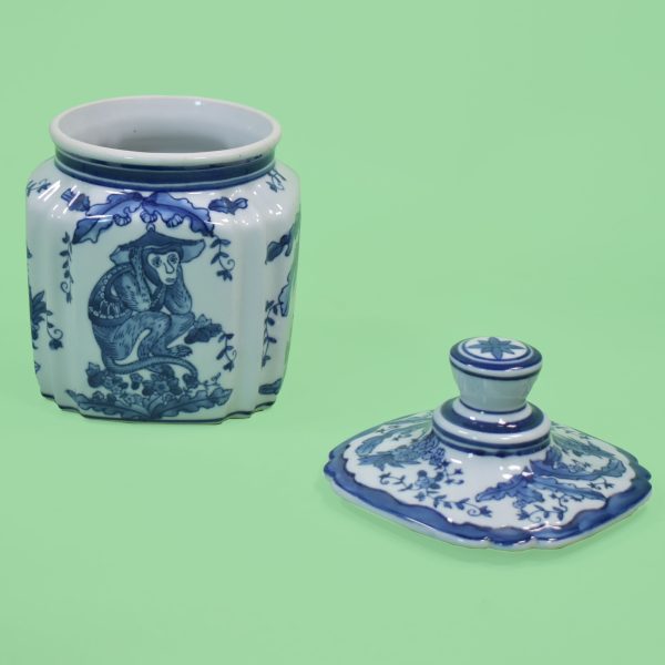 Blue and White Lidded Chinoiserie Monkey and Palm Jar