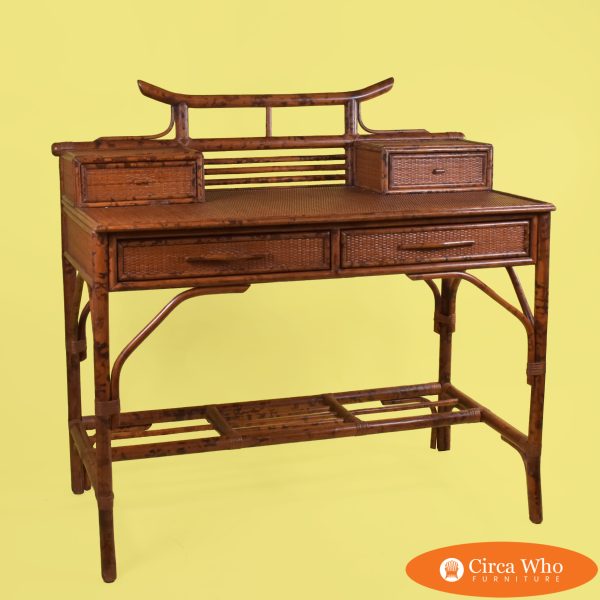 British Colonial Burnt Bamboo Pagoda Desk