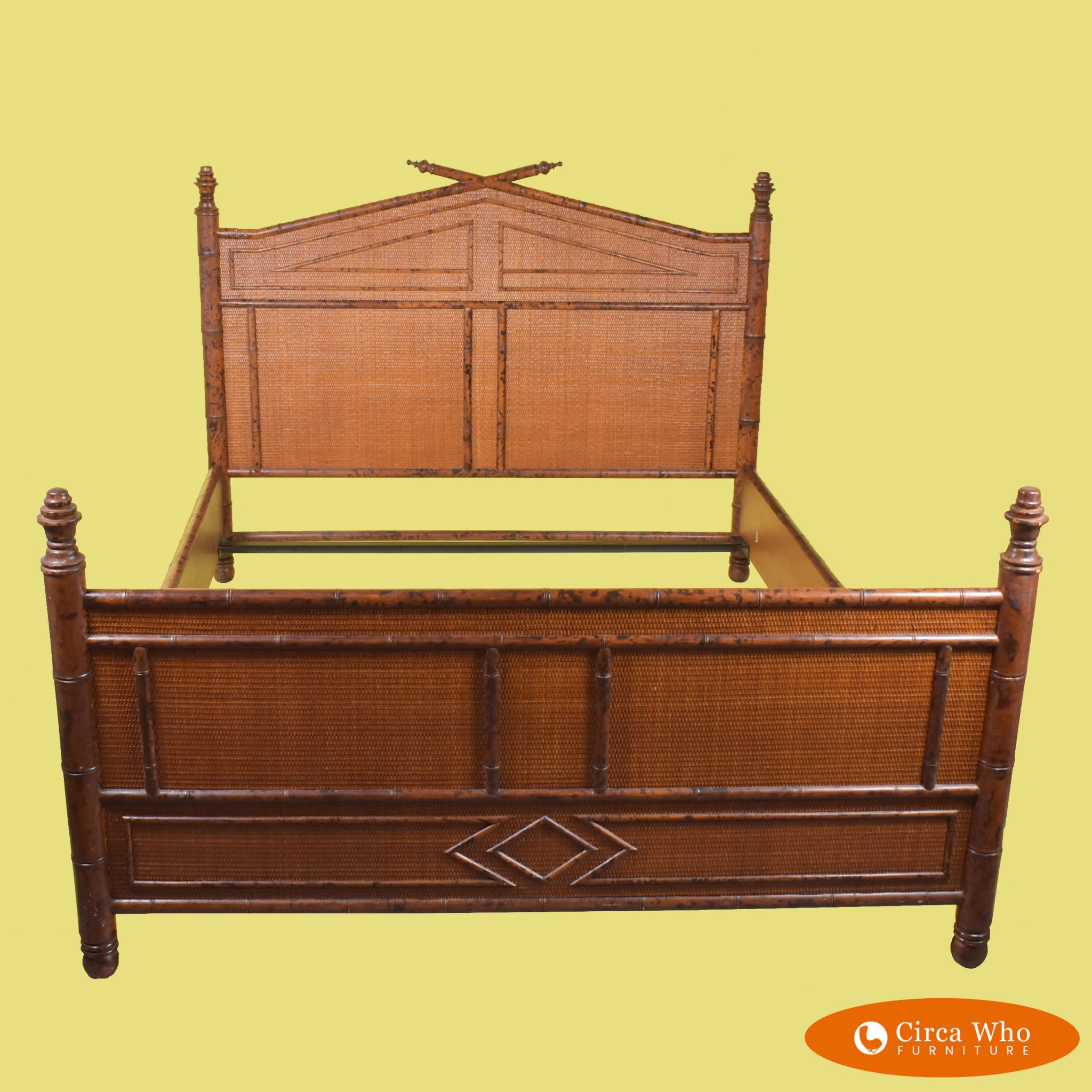 British Colonial Burnt Bamboo Queen Bed Circa Who