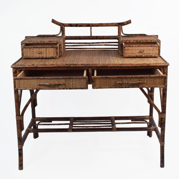 Burnt Bamboo British Colonial Pagoda Desk and Chair