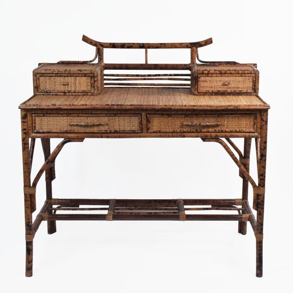 Burnt Bamboo British Colonial Pagoda Desk and Chair