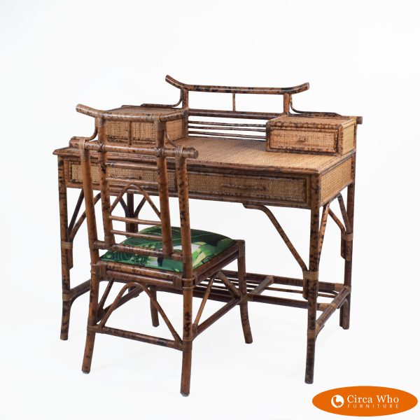 Burnt Bamboo British Colonial Pagoda Desk and Chair