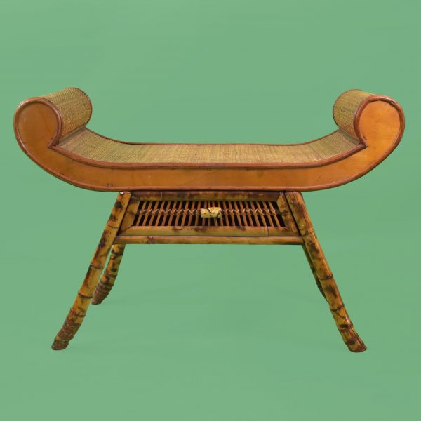 Burnt Bamboo and Woven Rattan Bench