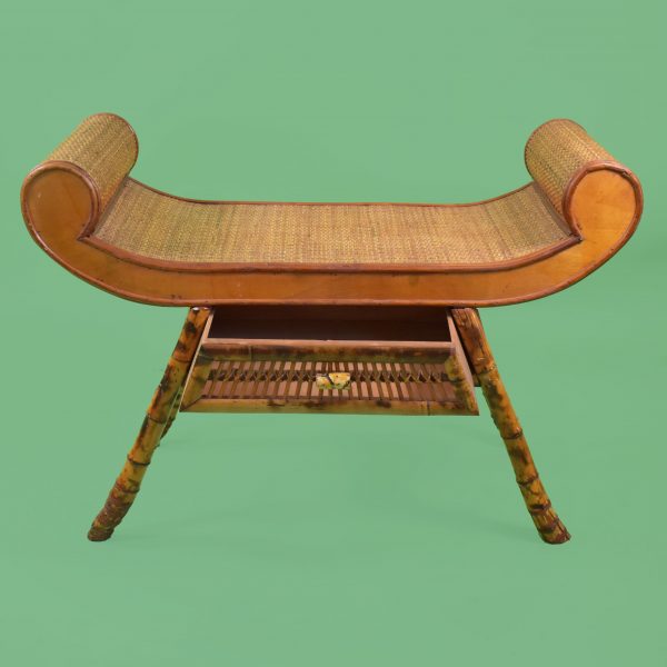 Burnt Bamboo and Woven Rattan Bench