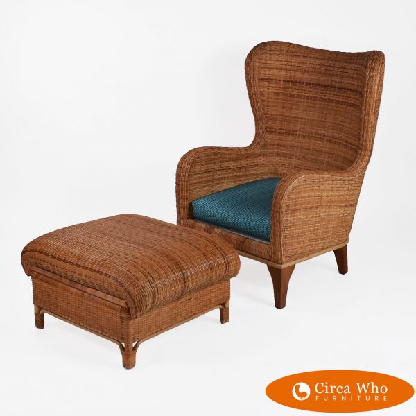Cane Rattan Chair with ottoman new upholstery