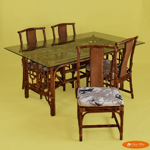 Chinoiserie Burnt Bamboo Dining Table with Chairs  in nice vintage condition.