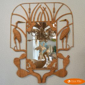 Woven rattan mirror designed by Mario Lopez furniture with cranes and prickly pear