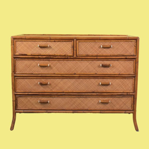 E Murio Grasscloth Burnt Bamboo Rattan Chest of Drawers