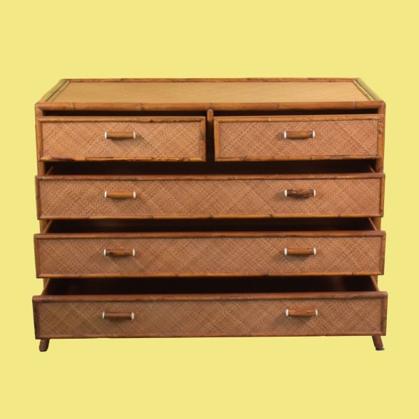 E Murio Grasscloth Burnt Bamboo Rattan Chest of Drawers