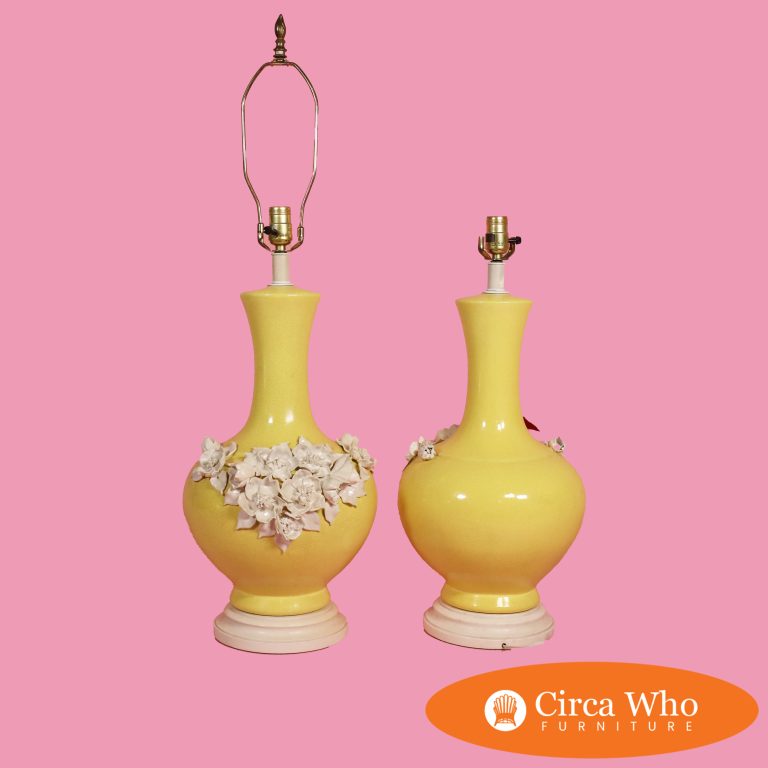 Pair of Yellow Table Lamps with Relief Flowers