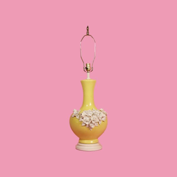 Pair of Yellow Lamps with Relief Flowers - Image 2