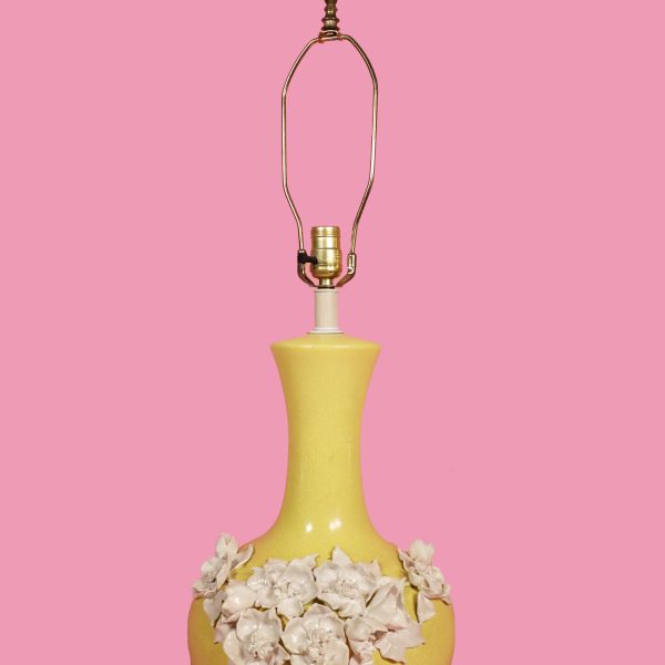 Pair of Yellow Lamps with Relief Flowers - Image 4