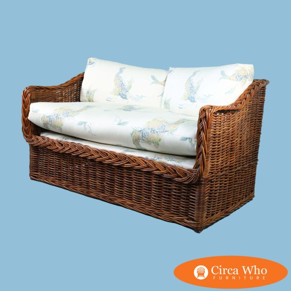 Newly Upholstered Woven Rattan Settee