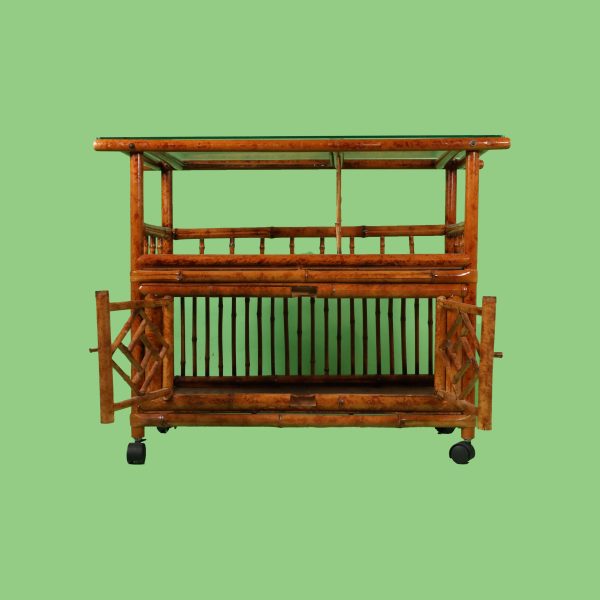 Vintage Tortoise Burnt Bamboo Bar Cart - Image 3