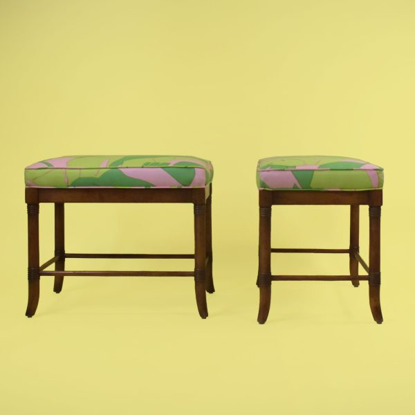 Faux Bamboo Console With Upholstered Stools