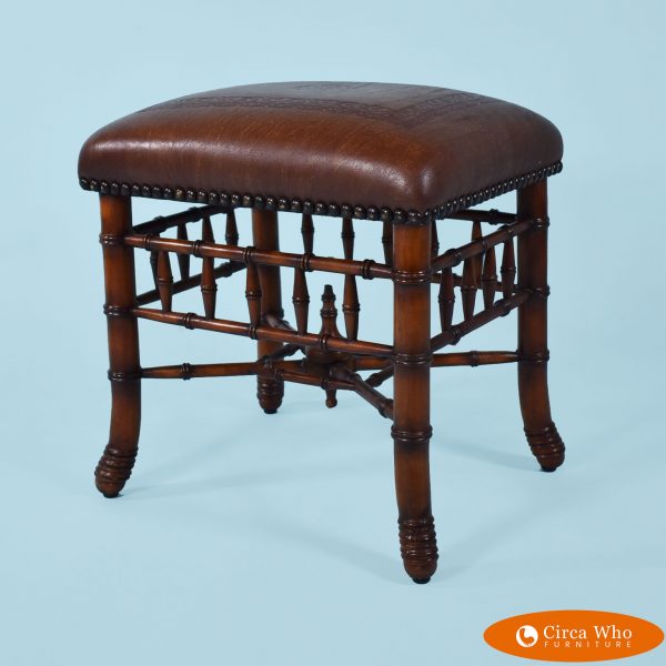 Faux Bamboo Leather Stool Brown color in vintage condition with brass accents