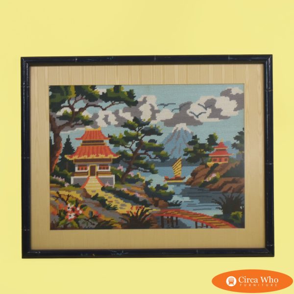 Faux Bamboo Needlepoint Japanese Scene