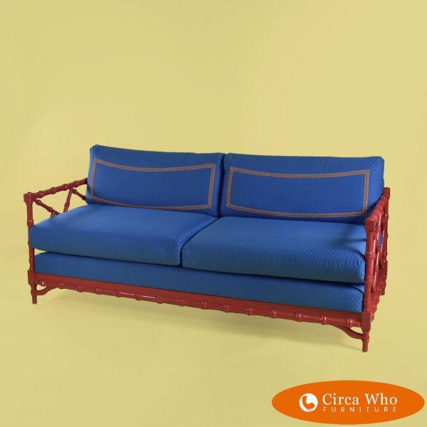 Faux Bamboo Red and Blue Sofa