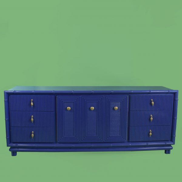 Faux Bamboo Split Rattan Blue Dresser