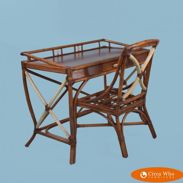 Faux Tortoise Rattan Desk with Chair