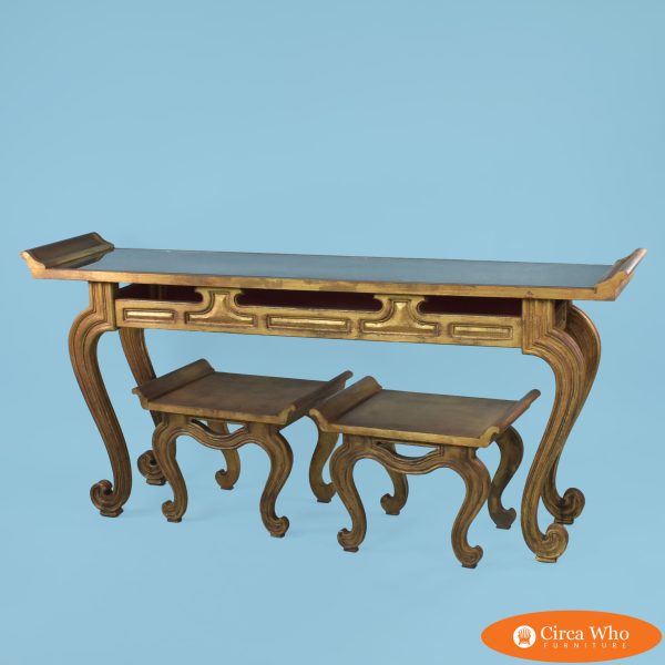 Italian Gold Leaf Pagoda Console and Stools