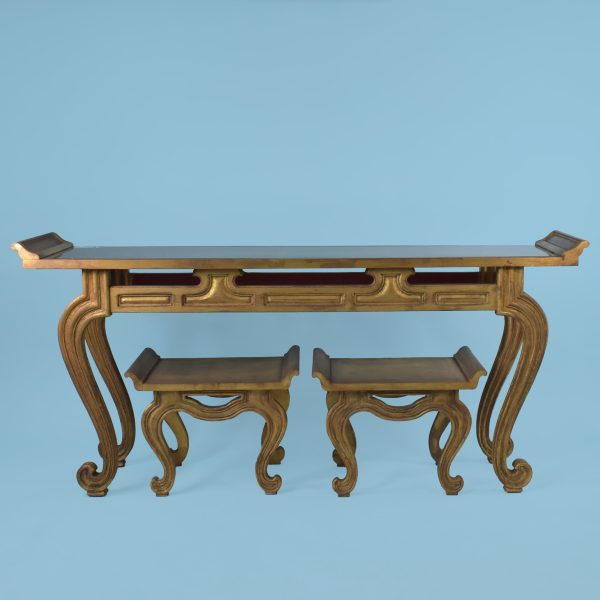 Italian Gold Leaf Pagoda Console and Stools