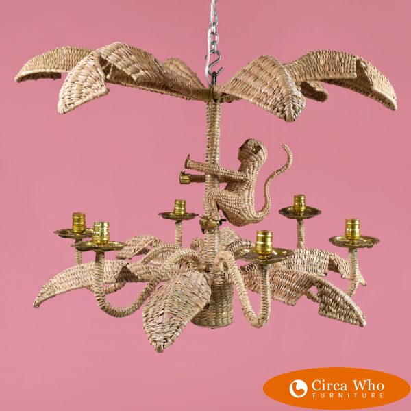 Monkey chandelier made of rattan red with natural color design on Mexico with a vintage style brass ascents