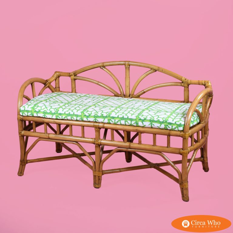 Newly Upholstered Fretwork Rattan Bench