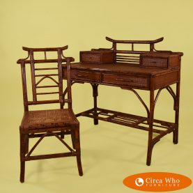 Pagoda Campaign Desk With Chair  in nice as found VINTAGE condition. There are minor scuffs, scrapes and wear to the as found burnt bamboo
