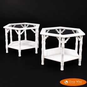 pair of white hexagonal faux bamboo tables in vintage condition