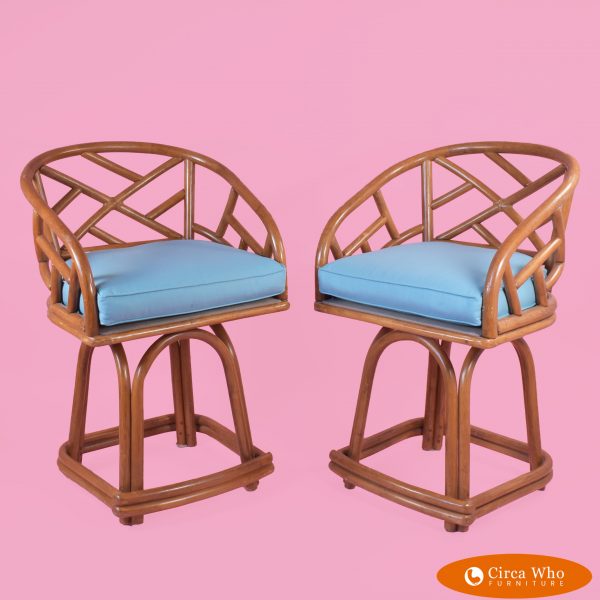 Pair of Rattan Fretwork Low Stools