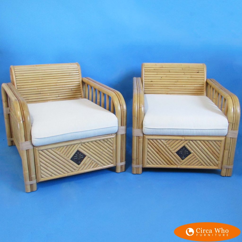 Pair of Bamboo Lounge Chairs w/Ottomans Circa Who