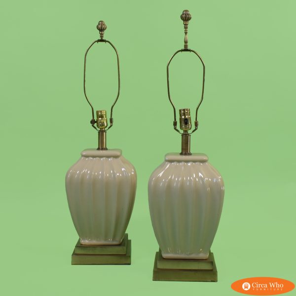 Pair of Beige Ceramic and Brass Table Lamps