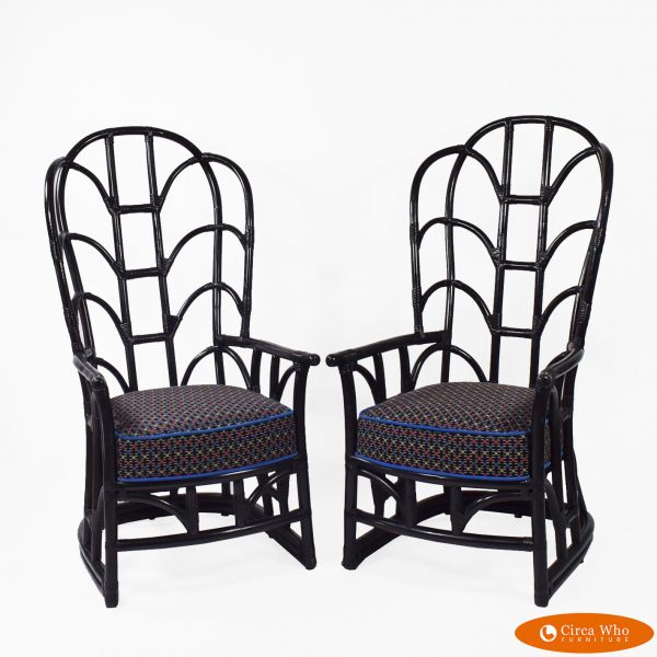 Pair of Black Fretwork Rattan Wingback Chairs