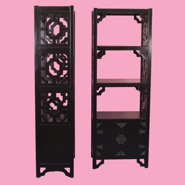 Pair of Black Lacquered Fretwork Etageres