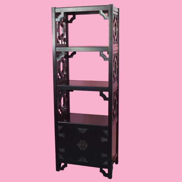 Pair of Black Lacquered Fretwork Etageres