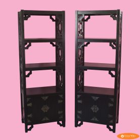 Pair of Black Lacquered Fretwork Etageres