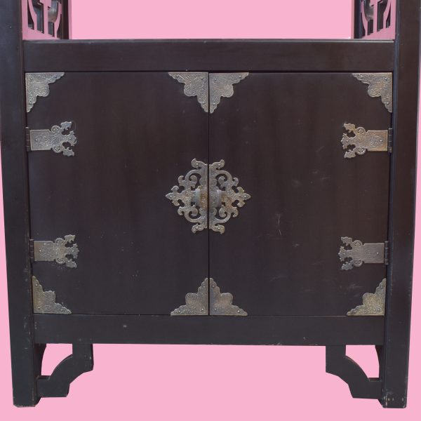 Pair of Black Lacquered Fretwork Etageres