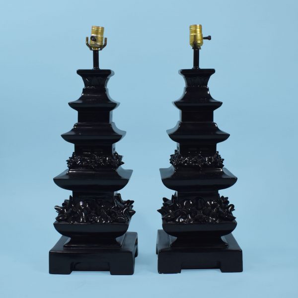Pair of Black Pagoda Table Lamps
