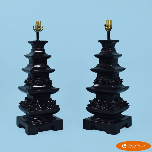 Pair of Black Pagoda Table Lamps