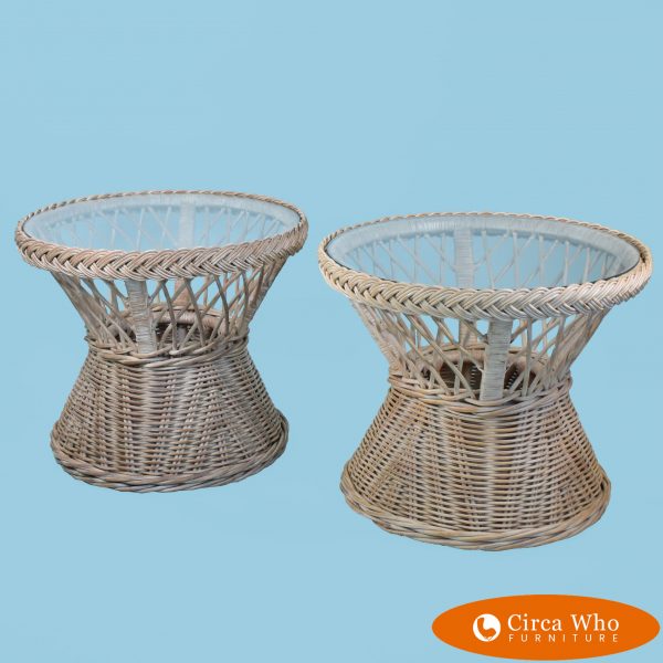 Pair of Blonde Woven Rattan Round Side Tables