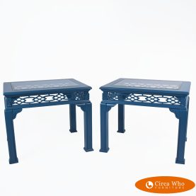 Pair of Blue Fretwork With Shell Side Tables