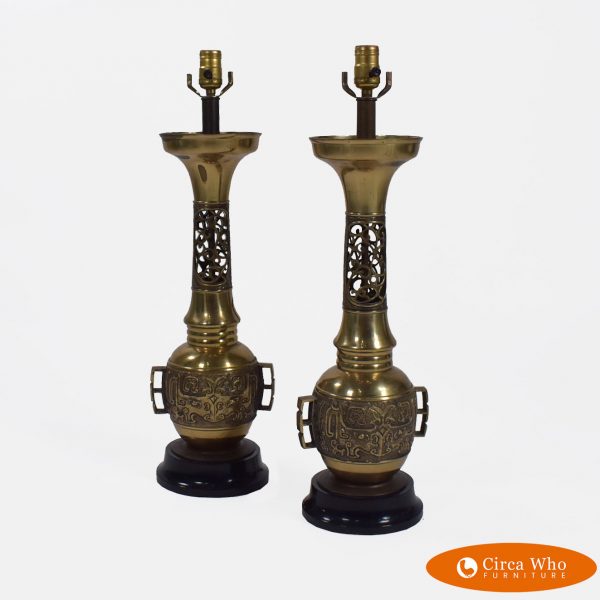 Pair of Brass James Monte Style Urn Lamps