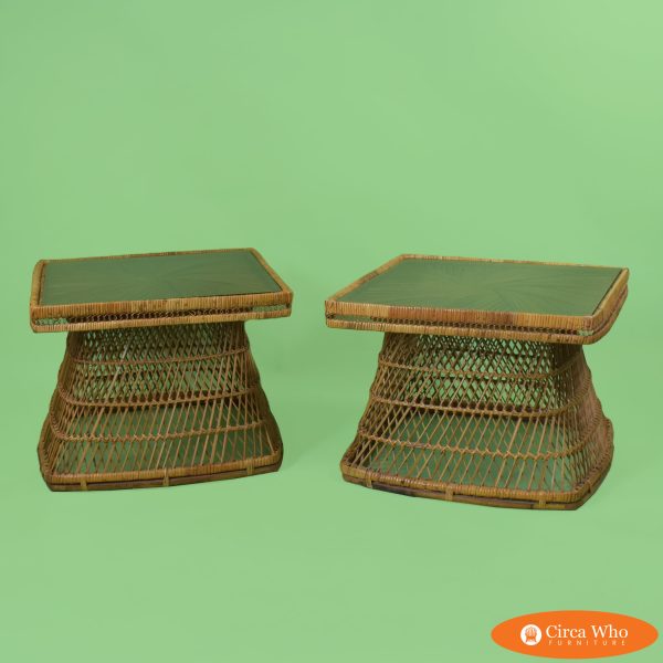 Pair of Buri Woven Rattan End Tables