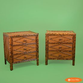 Pair of Burnt Bamboo British Colonial Nightstands