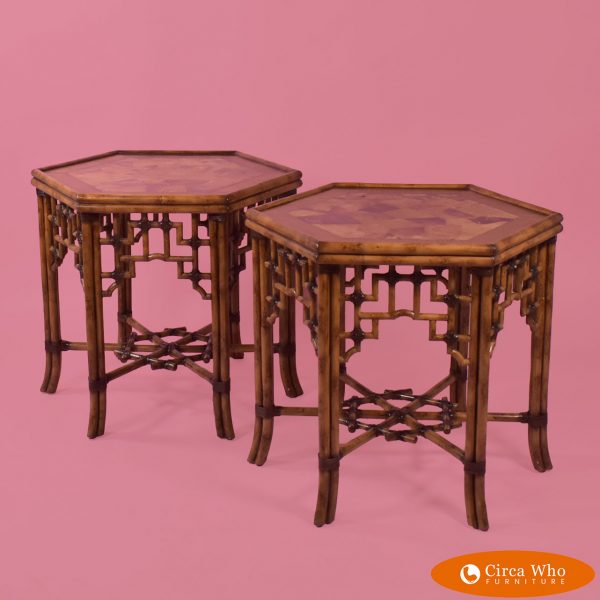 Pair of Burnt Bamboo Coconut Shell End Tables